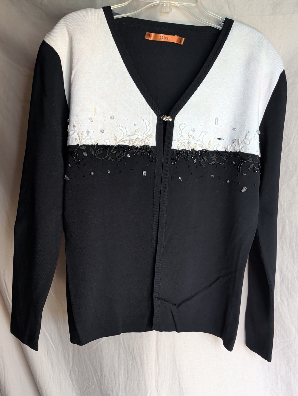 Black & White Embellished V-Neck Cardigan Sweater Career Casual To Dress